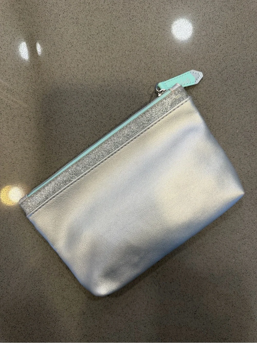 Ipsy Silver Metallic Cosmetic Bag Glitter Trim Mint Zipper Makeup Pouch Travel